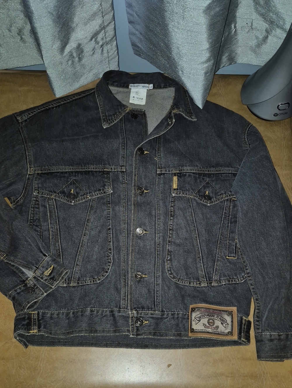 Vintage Giorgio Armani Dark Black Denim Jacket with Contrast Stitching..size L*